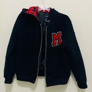 Forever 21 Black Thick Winter Fleece Jacket with Red Plaid Detail